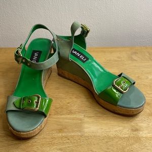 Vaneli Vintage Green and Blue Patent Leather Cork Heel Wedge Sandals